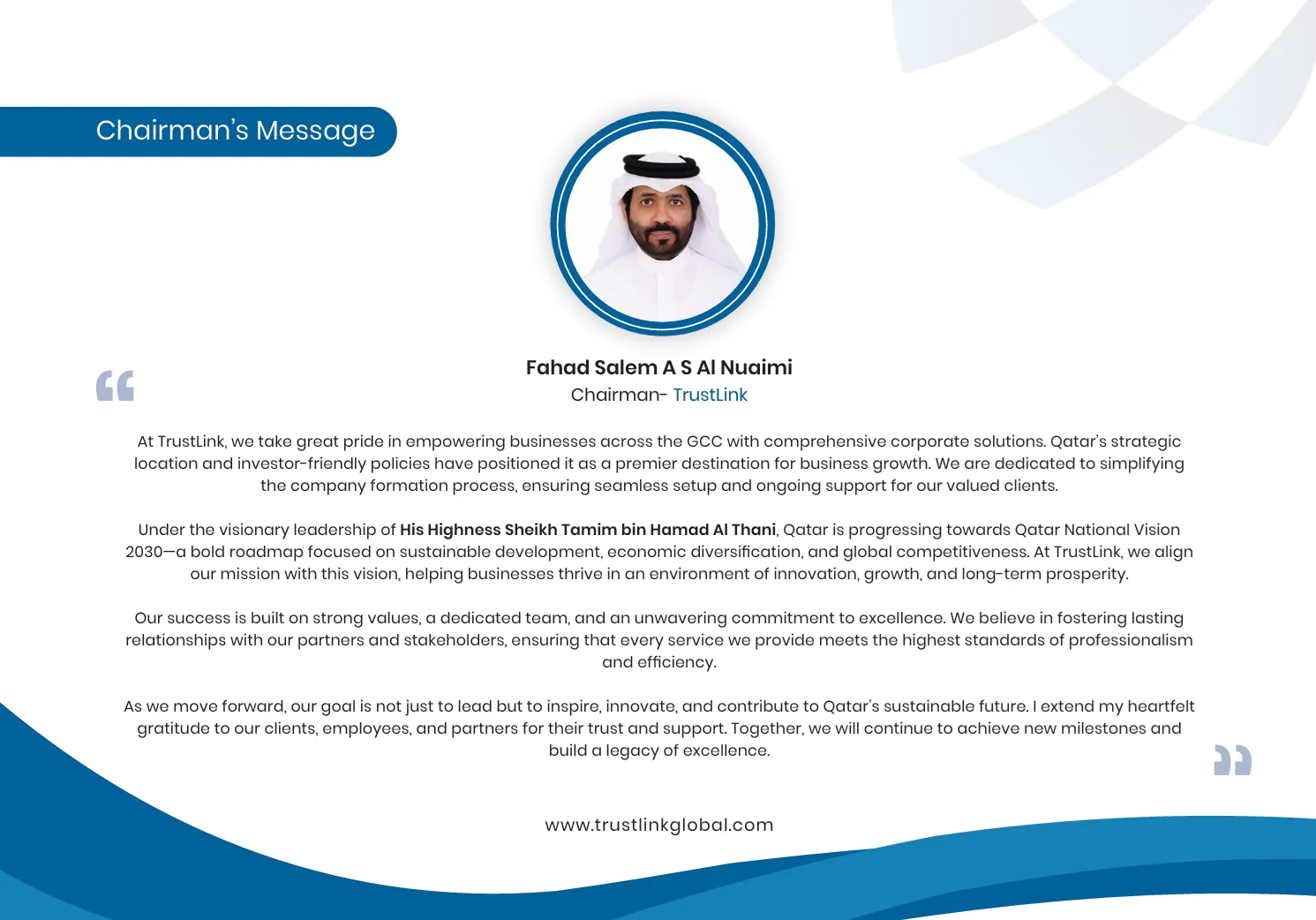 TrustLink Chairman's Message - Fahad Salem A S Al Naimi's Vision for Business Excellence